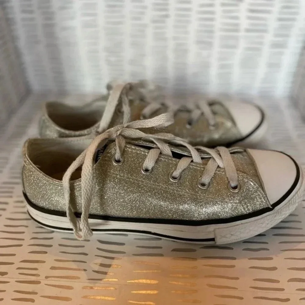 Converse Chuck Taylor All Star Low Top Silver Glitter Sparkle Sneakers Youth 3